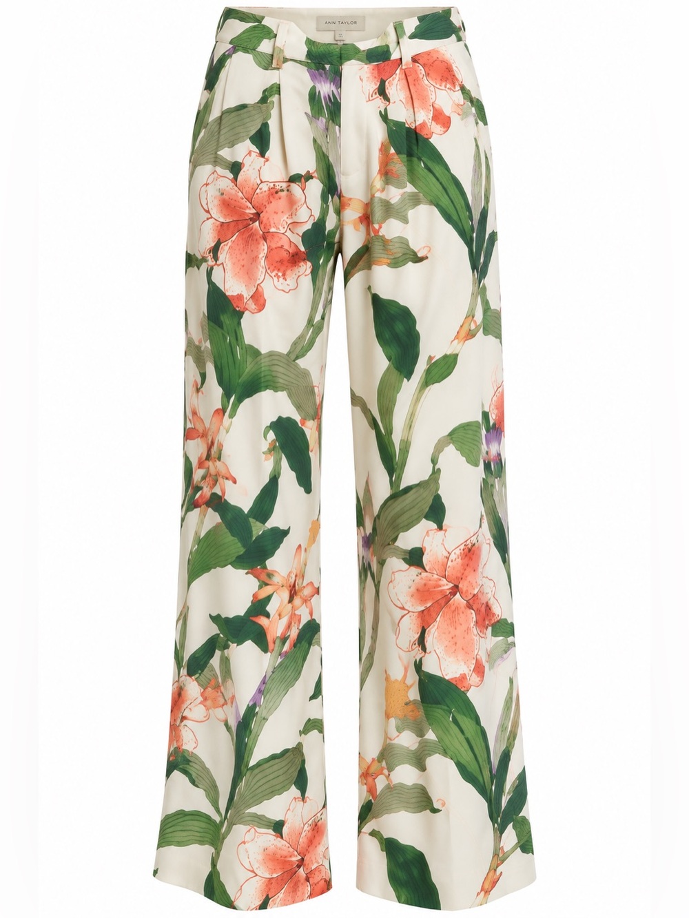 Ann Taylor White Midi flowy pants with Green Leaves and Coral Flowers